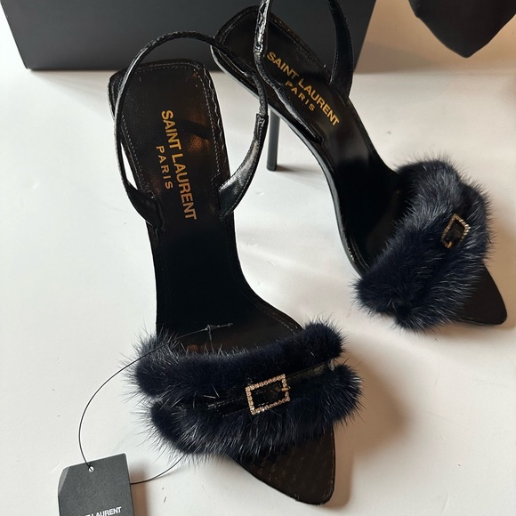 SAINT LAURENT Ilona Slingback Heels Blue Notte & Nero - Picture 5 of 7